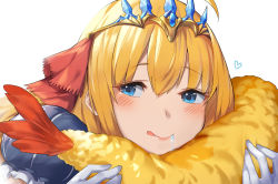 1girl, blonde hair, blue eyes, blush, closed mouth, drooling, eyebrows visible through hair, food, frills, gloves, heart, highres, holding, holding food, long hair, makarony, pecorine (princess connect!), pink lips, princess connect!, princess connect! re:dive, puffy sleeves, saliva, simple background, solo, tempura, tiara, tongue, tongue out, upper body, white background, white gloves