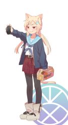 Rule 34 | 1girl, animal ears, blonde hair, cat ears, cat tail, doughnut, fang, food, highres, long hair, mouse (computer), original, pantyhose, pastry box, pine-chan ver. 1, pine (pine-box), red eyes, school uniform, serafuku, solo, tail, wireless mouse