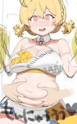 Rule 34 | 1girl, ahoge, belly grab, blonde hair, blue archive, blush, braid, breasts, cheerleader, cleavage, commentary request, dot nose, grabbing another&#039;s stomach, hair between eyes, highres, holding, kotori (blue archive), kotori (cheer squad) (blue archive), large breasts, long hair, looking at viewer, male hands, maruko tooto, miniskirt, navel, open mouth, plump, red eyes, short twintails, simple background, skirt, solo focus, sweat, tareme, translation request, twintails, upper body, white background, white skirt, wing collar