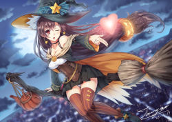 Rule 34 | 1girl, ankle boots, arm strap, bare shoulders, blowing kiss, blurry, blurry background, boots, bow legwear, breasts, broom, broom riding, brown hair, choker, cityscape, cleavage, cloud, corset, dated, earrings, floating hair, full body, full moon, girls&#039; frontline, gun, hair between eyes, hair ornament, halloween, hat, heart, high heels, highres, jewelry, kettle, large breasts, light particles, long hair, looking at viewer, low-tied long hair, moon, night, night sky, off shoulder, official alternate costume, one eye closed, open mouth, panties, pantyshot, pumpkin, red eyes, sidelocks, sidesaddle, signature, sitting, sky, smile, solo, star (sky), star (symbol), star earrings, starry sky, striped clothes, striped thighhighs, tama yu, test tube, thighhighs, thighs, type 64 (girls&#039; frontline), type 64 (witch from afar) (girls&#039; frontline), underwear, weapon, white panties, witch, witch hat