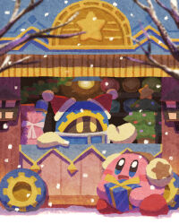 Rule 34 | blue eyes, blush stickers, christmas, christmas tree, gears, gift, gloves, hat, highres, holding, holding gift, kirby, kirby (series), magolor, miclot, nintendo, no humans, open mouth, outdoors, pink footwear, rayman limbs, santa hat, shelf, shoes, shop, smile, snow, white gloves, winter, yellow eyes