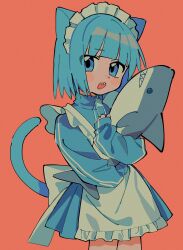 Rule 34 | 1girl, animal ears, apron, blue eyes, blue hair, blue jacket, blue skirt, blush stickers, cat ears, cat girl, cat tail, frilled apron, frills, highres, hugging object, jacket, long sleeves, looking at viewer, maid, maid apron, maid headdress, open mouth, orange background, original, pleated skirt, puffy long sleeves, puffy sleeves, sharp teeth, short hair, simple background, skirt, sleeves past wrists, solo, standing, stuffed animal, stuffed shark, stuffed toy, tail, teeth, track jacket, umipi, white apron
