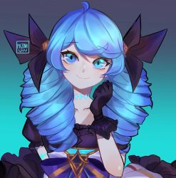 Rule 34 | 1girl, ahoge, artist name, black bow, black gloves, blue eyes, blue hair, blush, bow, breasts, collarbone, dress, drill hair, frilled dress, frills, gloves, green background, green eyes, gwen (league of legends), hair bow, hand up, highres, league of legends, long hair, looking at viewer, mizah (mizah), puffy short sleeves, puffy sleeves, short sleeves, smile, solo, twin drills, twintails