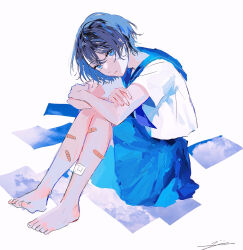 bandages bandaid barefoot blue_eyes blue_neckerchief blue_skirt blue_theme crossed_arms expressionless fetal_position hagimorijia highres looking_at_viewer neckerchief original sailor_collar school_uniform short_hair short_sleeves skirt