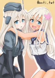 Rule 34 | 10s, 2girls, anti (untea9), blue eyes, colored skin, covered navel, cowboy shot, cropped jacket, dual persona, flower, garrison cap, grey hair, hair flower, hair ornament, hands on shoulders, hat, highres, jacket, kantai collection, long hair, long sleeves, military, military uniform, multiple girls, one-piece swimsuit, open mouth, orange background, ro-500 (kancolle), school swimsuit, simple background, sleeveless, smile, swimsuit, swimsuit under clothes, tan, twitter username, u-511 (kancolle), uniform, white skin