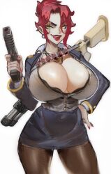 Rule 34 | 1girl, :q, breasts, brown pantyhose, buttons, cleavage, collared shirt, commentary, earrings, english commentary, grey jacket, grey shirt, grey skirt, gun, handgun, highres, holding, holding gun, holding weapon, jacket, jewelry, large breasts, looking at viewer, medium hair, miniskirt, nail polish, necklace, nero (neroartbox), open clothes, original, pantyhose, red hair, red lips, red nails, scar, scar across eye, shirt, shotgun, simple background, skirt, smile, solo, standing, thick eyebrows, tongue, tongue out, weapon, white background, yellow eyes