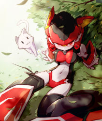Rule 34 | 1girl, :3, bingshan, black thighhighs, blush, branch, breasts, bush, cat, from above, helmet, humanoid robot, leaf, leaf on head, looking at viewer, magic henshin, mecha musume, navel, red eyes, robot, robot ears, scarlet sonic, solo, thighhighs, wheel, white cat