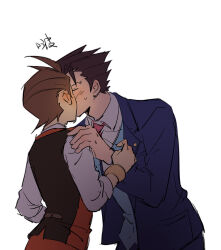 Rule 34 | 2boys, ace attorney, antenna hair, apollo justice, black hair, blue jacket, blue vest, blush, bracelet, brown hair, brown vest, closed eyes, collared shirt, ear blush, formal, from behind, hand on another&#039;s shoulder, highres, jacket, jewelry, kanmi (kanmiland), lapel pin, lapels, male focus, multiple boys, necktie, phoenix wright, pink necktie, red vest, shirt, short hair, simple background, spiked hair, suit, suit jacket, sweat, two-tone vest, upper body, vest, white background, white shirt, yaoi
