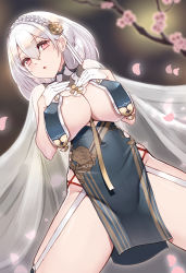 Rule 34 | 1girl, azur lane, braid, branch, breast curtains, breasts, cherry blossoms, china dress, chinese clothes, covered erect nipples, dress, from below, garter straps, gloves, grey dress, hair behind ear, hair between eyes, hair ornament, half gloves, hand on own chest, highres, large breasts, looking at viewer, medium hair, neckwear between breasts, pelvic curtain, revealing clothes, see-through, see-through sleeves, side braid, sirius (azur lane), sirius (azure horizons) (azur lane), solo, white gloves, white hair, yasu suupatenin