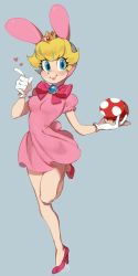Rule 34 | 1girl, animal ears, blue background, blue eyes, bow, breasts, crown, dress, full body, gloves, heart, high heels, highres, holding, leg up, looking at viewer, mario (series), mushroom, nintendo, pink dress, princess peach, rabbit ears, shoes, skirt, smile, solo, standing, standing on one leg, zambiie