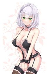Rule 34 | 1girl, black thighhighs, braid, breasts, choker, cleavage, closed mouth, collarbone, commission, cowboy shot, french braid, frilled choker, frilled underwear, frills, garter belt, garter straps, green eyes, highres, hololive, izu (tea value lord), large breasts, leaf, leaf background, light blush, light smile, lingerie, looking at viewer, mole, mole on breast, shirogane noel, short hair, silver hair, solo, thighhighs, underwear, virtual youtuber