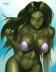 Rule 34 | 1girl, abs, animification, artist name, bikini, breasts, cleavage, clenched hand, collarbone, colored skin, female focus, green eyes, green hair, green skin, hybridmink, jennifer walters, large breasts, leaning forward, long hair, marvel, matching hair/eyes, muscular, muscular female, she-hulk, solo, swimsuit, upper body, white bikini