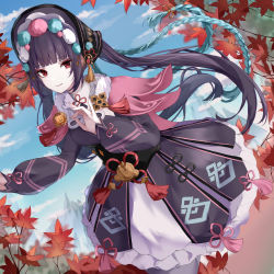 Rule 34 | 1girl, arane (lolitwin), arm up, autumn leaves, black corset, black hair, blue sky, blunt bangs, blush, bonnet, breasts, capelet, chinese knot, corset, earrings, eyelashes, eyeshadow, falling leaves, feet out of frame, flower knot, fur collar, genshin impact, headgear, highres, jewelry, leaf, lips, lolita fashion, long hair, looking at viewer, makeup, medium breasts, multicolored clothes, multicolored headwear, outdoors, parted lips, pink capelet, pom pom (clothes), purple headwear, qi lolita, red eyes, red eyeshadow, sky, smile, solo, tassel, tassel earrings, vision (genshin impact), yun jin (genshin impact)