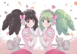 Rule 34 | 2girls, bad id, bad twitter id, bow, closed mouth, colored eyelashes, cowboy shot, dress, elbow gloves, falulu, from side, gaaruru (pripara), gloves, green hair, grey eyes, hair bow, hands up, headphones, highres, idol clothes, inactive account, long hair, looking at viewer, multiple girls, open mouth, petals, pink dress, pretty series, pripara, puffy short sleeves, puffy sleeves, shiyurinpu, short sleeves, sidelocks, smile, standing, symmetrical pose, tiara, twintails, white gloves, winding key