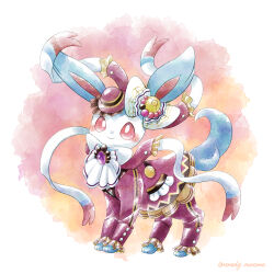 Rule 34 | alternate color, animal focus, artist name, bow, bowtie, bright pupils, closed mouth, clothed pokemon, commentary request, creatures (company), game freak, gen 6 pokemon, hair bow, highres, multicolored background, nintendo, no humans, pokemon, pokemon (creature), pokemon unite, prehensile ribbon, red eyes, remedy matome, shiny pokemon, smile, sylveon, sylveon (fashionable), tail, twitter username, white background, white bow, white bowtie