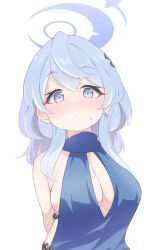 Rule 34 | 1girl, ako (blue archive), ako (dress) (blue archive), arms behind back, blue archive, blue dress, blue eyes, blue hair, blue halo, blush, breasts, cleavage, closed mouth, dress, earrings, hair between eyes, halo, highres, jewelry, large breasts, long hair, looking at viewer, medium breasts, o otomaru, official alternate costume, sideboob, simple background, sleeveless, sleeveless dress, solo, upper body, white background