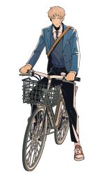 Rule 34 | 1boy, adam parrish, bandaid, bandaid on cheek, bandaid on face, bicycle, blonde hair, blue eyes, blue jacket, bruise, bruise on face, catbishonen, freckles, full body, highres, injury, jacket, looking at viewer, male focus, riding, riding bicycle, school uniform, short hair, simple background, solo, the raven cycle, white background