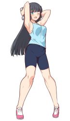 Rule 34 | 1girl, arms behind head, bare arms, bare shoulders, black hair, blue eyes, blue shirt, blue shorts, blush, breasts, commentary request, dumbbell nan kilo moteru?, exercising, full body, large breasts, long hair, looking at viewer, one eye closed, open mouth, shirt, shiseki hirame, shoes, shorts, simple background, solo, souryuuin akemi, standing, weightlifting, white background, white footwear