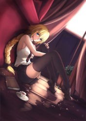 Rule 34 | 1girl, aikawa juujutsu machi, bare shoulders, blonde hair, book, braid, cup, curtains, dutch angle, fate/apocrypha, fate (series), highres, hugging own legs, indoors, jeanne d&#039;arc (fate), jeanne d&#039;arc (girl from orleans) (fate), jeanne d&#039;arc (ruler) (fate), long hair, looking at viewer, necktie, plant, potted plant, ruler (fate/grand order), shorts, single braid, sitting, solo, thighhighs, tiptoes, tray, zettai ryouiki