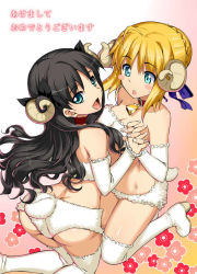 Rule 34 | 2girls, aqua eyes, artoria pendragon (all), artoria pendragon (fate), bare shoulders, blonde hair, boots, breasts, cleavage, fate/stay night, fate (series), fluffy, goat horns, holding hands, horns, long hair, looking at viewer, multiple girls, namonashi, open mouth, saber (fate), shiny skin, sweat, thigh boots, thighhighs, tohsaka rin, twintails, two side up, white footwear, white legwear