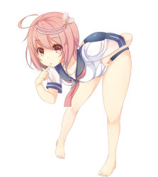 Rule 34 | 10s, 1girl, ahoge, ass, bad id, bad pixiv id, barefoot, bent over, finger to mouth, full body, hair ornament, hand on own hip, i-58 (kancolle), icywood, kantai collection, light brown hair, looking at viewer, orange eyes, pink hair, red eyes, school swimsuit, school uniform, serafuku, short hair, solo, swimsuit, swimsuit under clothes, white background