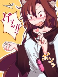 Rule 34 | 1girl, animal ears, blush, breasts, brown hair, choker, collarbone, dress, falling, fang, furorina, hair between eyes, imaizumi kagerou, large breasts, long hair, long sleeves, nose blush, open mouth, red eyes, solo, sweat, touhou, white dress, wide sleeves, wolf ears