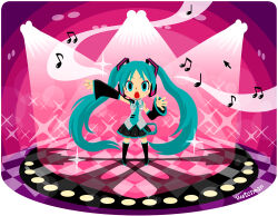 Rule 34 | 1girl, adobe illustrator (medium), arm up, black footwear, black skirt, blue eyes, blue hair, blue nails, blue necktie, blush stickers, boots, detached sleeves, hatsune miku, mouse (computer), music, musical note, nail polish, necktie, number tattoo, open mouth, pleated skirt, shadow, shimizu toshiyasu, shoulder tattoo, signature, singing, skirt, solo, sparkle, stage, stage lights, tattoo, vocaloid