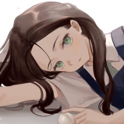 Rule 34 | 1girl, blue dress, brown hair, closed mouth, collared shirt, commentary, dress, egg, fei (songyijie), green eyes, highres, long hair, looking at viewer, lying, nagase koito, on side, shirt, simple background, solo, symbol-only commentary, upper body, white background, white shirt, wonder egg priority
