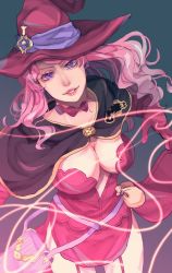Rule 34 | 1girl, bag, black bulls (emblem), black capelet, black clover, bookbag, breasts, capelet, choker, cleavage, garter straps, gloves, hat, highres, large breasts, long hair, pink hair, purple bag, purple eyes, red choker, red gloves, solo, suzuwa (sununatsusan), thighs, thread, vanessa enoteca, witch, witch hat