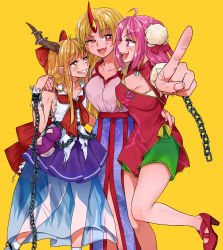 Rule 34 | 3girls, adapted costume, ahoge, arm hug, belt, blonde hair, blouse, blush, bow, breasts, bun cover, chain, cleavage, cleavage cutout, clothing cutout, collarbone, commentary request, cuffs, fang, feet out of frame, flower, foreshortening, girl sandwich, gourd, green skirt, grin, hair bow, hair bun, hand on another&#039;s shoulder, high heels, highres, horns, hoshiguma yuugi, ibaraki kasen, ibuki suika, index finger raised, long hair, medium breasts, multiple girls, nail polish, open mouth, pink eyes, pink flower, pink hair, pink rose, purple skirt, red bow, red eyes, red footwear, red nails, red neckwear, rose, sandwiched, see-through, see-through skirt, shackles, shirt, shoes, sibata maru, simple background, single hair bun, single horn, skirt, sleeveless, sleeveless shirt, small breasts, smile, star (symbol), sweatdrop, torn clothes, torn sleeves, touhou, translucent, uneven eyes, waist bow, white shirt, wrist cuffs, yellow background, yellow eyes