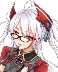 Rule 34 | 1girl, :p, antenna hair, azur lane, bespectacled, black-framed eyewear, black gloves, colored eyelashes, commentary request, cross, finger to mouth, glasses, gloves, hand up, headgear, index finger raised, iron cross, long hair, merxkialis, military, military uniform, multicolored hair, prinz eugen (azur lane), red eyes, red hair, simple background, smile, solo, streaked hair, tongue, tongue out, two side up, uniform, upper body, white background, white hair