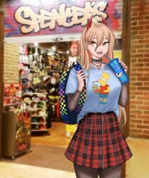Rule 34 | 1girl, backpack, bag, bart simpson, blonde hair, brown eyes, chainsaw man, cross-shaped pupils, demon girl, demon horns, dismaiden, fishnet pantyhose, fishnets, highres, horns, indoors, long hair, mall, pantyhose, photo background, plaid, plaid skirt, power (chainsaw man), print shirt, red horns, red skirt, sharp teeth, shirt, skirt, solo, sonic (series), sonic the hedgehog, symbol-shaped pupils, teeth, the simpsons, thighs
