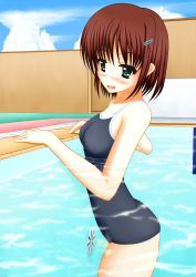 Rule 34 | 1girl, blush, breasts, brown hair, drain (object), highres, peeing, peeing underwater, pool, sexually suggestive, short hair, solo, swimsuit, tagme, thighs
