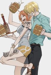 Rule 34 | 41097772s, absurdres, alcohol, arm tattoo, beer, blonde hair, clima-tact, copyright request, denim, highres, jeans, nami (one piece), one piece, orange hair, pants, sanji (one piece), shirt, short shorts, shorts, shoulder tattoo, tattoo