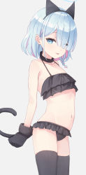 Rule 34 | 1girl, :p, animal ears, arona (blue archive), bikini, black bikini, black choker, black gloves, black thighhighs, blue archive, blue eyes, blue hair, braid, cat ears, cat tail, choker, collarbone, eyes visible through hair, fake animal ears, frilled bikini, frills, gloves, gradient background, grey background, hair over one eye, halo, highres, looking at viewer, multicolored hair, navel, pink hair, short hair, single braid, solo, standing, stomach, swimsuit, tail, thighhighs, tongue, tongue out, two-tone hair, usamiusamimii
