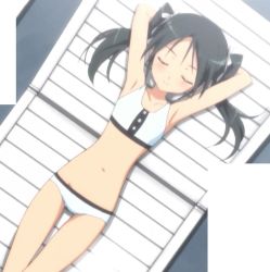 Rule 34 | 00s, 1girl, armpits, arms up, bikini, black hair, closed eyes, flat chest, francesca lucchini, highres, lowleg, lowleg bikini, ribbon, screencap, solo, stitched, strike witches, swimsuit, third-party edit, twintails, world witches series