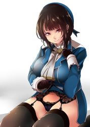 Rule 34 | 10s, 1girl, bad proportions, beret, black hair, black panties, blue jacket, breasts, endou (zettai bluenoid), garter straps, hand on own chest, hat, highres, jacket, kantai collection, kneeling, large breasts, looking at viewer, navel, neckerchief, panties, red eyes, short hair, sitting, smile, solo, takao (kancolle), thighhighs, underwear, wariza, white neckerchief