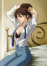 Rule 34 | 00s, 1girl, adjusting hair, arms up, bed, bra, breasts, brown eyes, brown hair, casual, cleavage, glasses, gundam, gundam 00, hair bun, hair ornament, hairclip, hairdressing, kati mannequin, kazemal, lace, lace bra, lingerie, lipstick, makeup, mole, mouth hold, necktie, open clothes, open shirt, pants, purple eyes, shirt, single hair bun, sitting, solo, underwear
