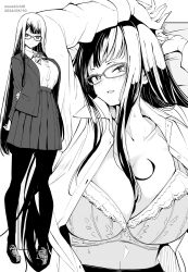 Rule 34 | 1girl, absurdly long hair, artist name, blush, bra, breasts, cleavage, collarbone, commentary request, copyright request, dated, full body, glasses, grey background, greyscale, highres, kichihachi, large breasts, loafers, long hair, long sleeves, looking at viewer, lying, monochrome, multiple views, on back, open clothes, open shirt, original, pantyhose, pleated skirt, shoes, skirt, standing, sweat, two-tone background, underwear, very long hair, white background