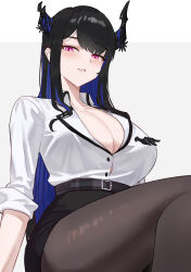 1girl asymmetrical_horns belt black_belt black_hair black_pantyhose black_skirt blue_hair blush breasts button_gap cleavage collarbone collared_shirt colored_inner_hair demon_horns flower highres hololive hololive_english horn_flower horns large_breasts long_hair looking_at_viewer mole mole_under_eye multicolored_hair nerissa_ravencroft nerissa_ravencroft_(casual) office_lady official_alternate_costume pantyhose parted_lips pencil_skirt pink_eyes rokosannn shirt shirt_tucked_in sitting skirt sleeves_rolled_up solo thighs uneven_horns very_long_hair virtual_youtuber white_shirt