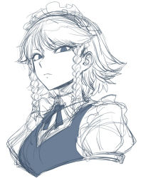 Rule 34 | 1girl, blue theme, braid, frown, izayoi sakuya, looking at viewer, maid, maid headdress, monochrome, portrait, puffy short sleeves, puffy sleeves, short hair, short sleeves, simple background, sketch, solo, spacezin, touhou, tsurime, twin braids