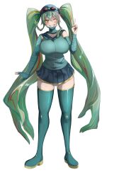 Rule 34 | 1girl, absurdres, alternate breast size, arm wrap, black skirt, blush, boots, breasts, commission, full body, green hair, green shirt, green thighhighs, grin, hair between eyes, hand up, hatsune miku, highres, kawasuru (15miclon), large breasts, legs apart, long hair, looking at viewer, miniskirt, multicolored hair, one eye closed, open mouth, pixiv commission, pleated skirt, prehensile hair, red eyes, red hair, ringed eyes, sharp teeth, shirt, sidelocks, simple background, skirt, sleeveless, sleeveless shirt, smile, solo, streaked hair, teeth, thigh boots, thighhighs, thighs, twintails, v, very long hair, vocaloid, white background, yellow eyes, zettai ryouiki