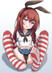 Rule 34 | 1girl, absurdres, black hairband, black panties, blue skirt, boppin, breasts, cameltoe, cleft of venus, cosplay, crop top, elbow gloves, gloves, grey eyes, hair between eyes, hairband, highleg, highleg panties, highres, kantai collection, long hair, makise kurisu, miniskirt, navel, panties, pleated skirt, red hair, shimakaze (kancolle), shimakaze (kancolle) (cosplay), sitting, skirt, sleeveless, small breasts, solo, steins;gate, striped clothes, striped thighhighs, thighhighs, thong, underwear, white gloves