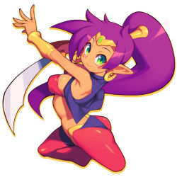 Rule 34 | 1girl, arabian clothes, ass, bare shoulders, blush stickers, breasts, dark-skinned female, dark skin, earrings, female focus, green eyes, holding, holding sword, holding weapon, jewelry, long hair, looking at viewer, medium breasts, metata, pointy ears, ponytail, purple hair, shantae, shantae (series), sideboob, simple background, smile, solo, sword, tiara, weapon, white background
