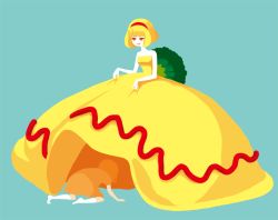 Rule 34 | 2girls, barefoot, blonde hair, clothes lift, crawling, dress, dress lift, food, hairband, multiple girls, nona drops, omelet, omurice, original, personification, red eyes, short hair, smile, yellow dress