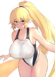 Rule 34 | 1girl, absurdres, blonde hair, blue eyes, blush, breasts, closed mouth, collarbone, competition swimsuit, fate/grand order, fate (series), highleg, highleg swimsuit, highres, huge breasts, jeanne d&#039;arc (fate), jeanne d&#039;arc (ruler) (fate), jeanne d&#039;arc (swimsuit archer) (fate), jeanne d&#039;arc (swimsuit archer) (second ascension) (fate), leaning forward, long hair, mon (manarestra), one-piece swimsuit, ponytail, simple background, smile, swimsuit, thighs, very long hair, white background, white one-piece swimsuit