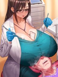 1boy 1girl absurdres between_breasts blue_gloves blue_shirt blush bra_visible_through_clothes breast_rest breasts breasts_on_face breasts_on_head brown_eyes brown_hair cleavage coat dentist drooling gigantic_breasts glasses gloves half-closed_eyes highres holding holding_utensil id_card long_hair masamasa matching_hair/eyes medical_gloves open_mouth shirt sitting smile solo_focus steaming_body sweat teeth upper_teeth_only white_coat