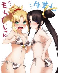 Rule 34 | &gt;:o, 2girls, :o, adjusting clothes, adjusting swimsuit, animal print, aqua eyes, ass, back, bad id, bad pixiv id, bare shoulders, bell, bikini, black hair, blonde hair, blue eyes, blush, breasts, butt crack, cow print, cowbell, eyes visible through hair, fate/apocrypha, fate/grand order, fate (series), front-tie bikini top, front-tie top, green eyes, groin, hair ornament, highres, long hair, midriff, mordred (fate), mordred (fate/apocrypha), multiple girls, navel, open mouth, ponytail, shimomoto, side-tie bikini bottom, side ponytail, simple background, small breasts, string bikini, sweatdrop, swimsuit, ushiwakamaru (fate), v-shaped eyebrows, very long hair, white background