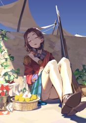 Rule 34 | 1girl, absurdres, against wall, bottle, british army, brown footwear, brown hair, clothing request, crossed legs, epaulettes, closed eyes, flower, food, gun, heart, highres, letter, military, open mouth, original, outdoors, pants, plant, red flower, rifle, seuhyo99, short hair, sleeping, solo, vines, weapon