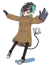 Rule 34 | 1girl, nanashi inc., alternate costume, alternate hairstyle, black hair, black pants, blue hair, blush, brown coat, coat, commentary request, demon girl, demon horns, demon tail, fang, flat chest, full body, gloves, grey gloves, hair ornament, hairclip, high ponytail, highres, horns, long sleeves, looking at viewer, medium hair, multicolored hair, open mouth, outstretched arms, pants, pointy ears, red eyes, red footwear, shishio chris, shoes, simple background, smile, sneakers, solo, sugar lyric, tail, tomatojam, two-tone hair, virtual youtuber, white background